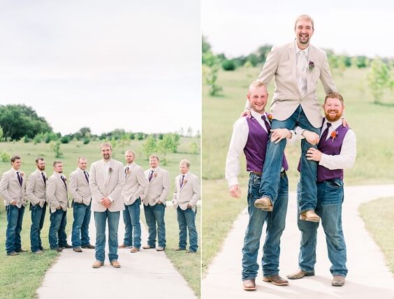 Khaki suits for purple and persimmon winter wedding